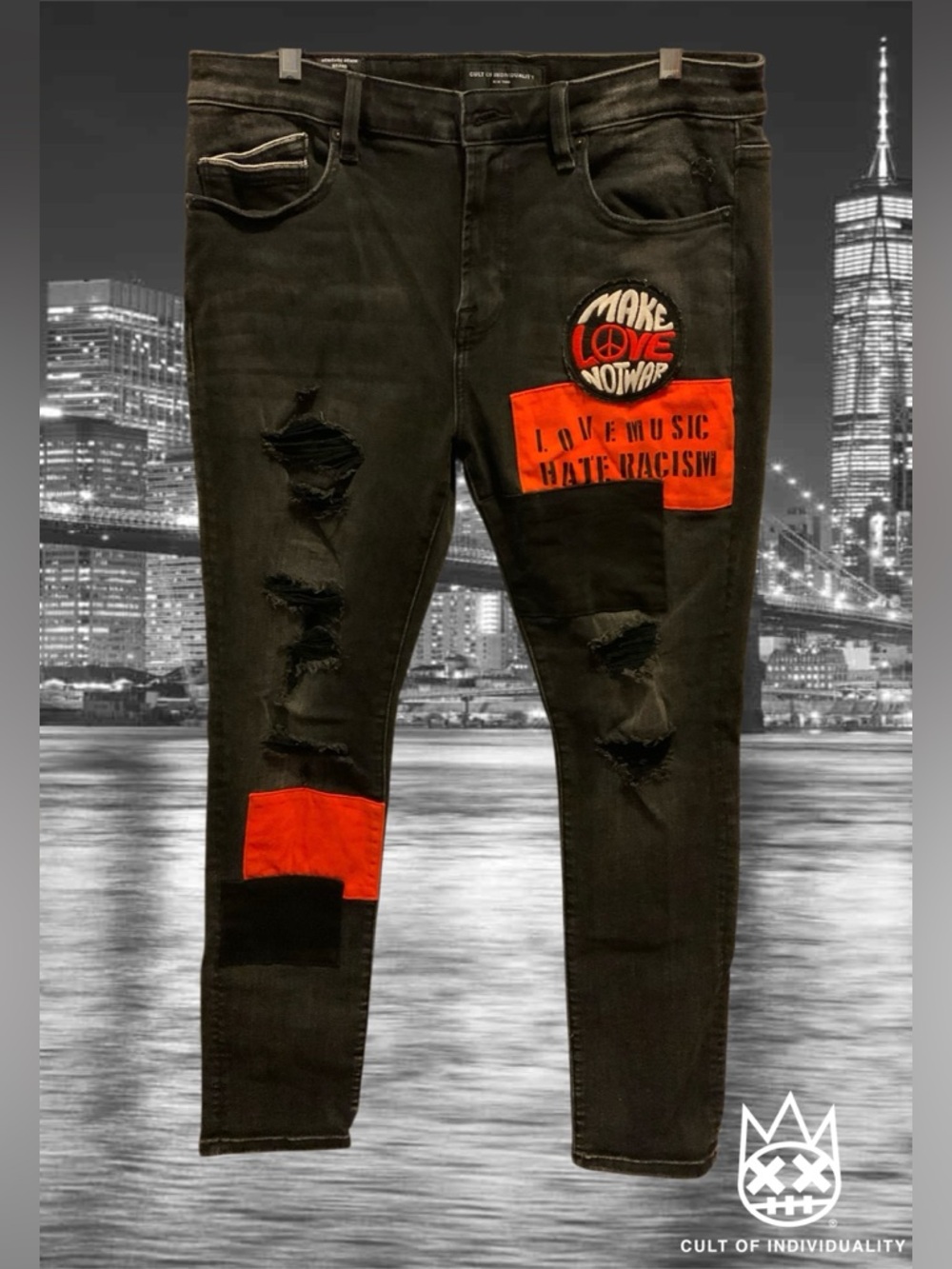 CULT OF INDIVIDUALITY Black Distressed Patchwork Skinny Jeans Men’s Size 36x32